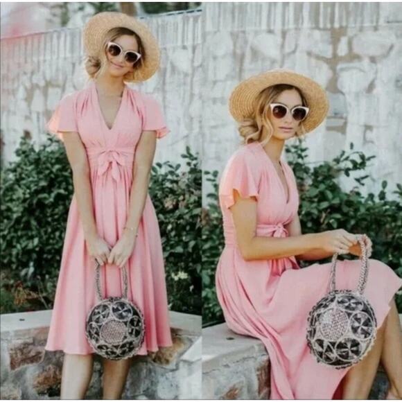 GAL MEETS GLAM Jane Tie Waist Midi Crepe Dress Salmon Pink Sz 20